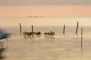 A resort is visible on the horizon