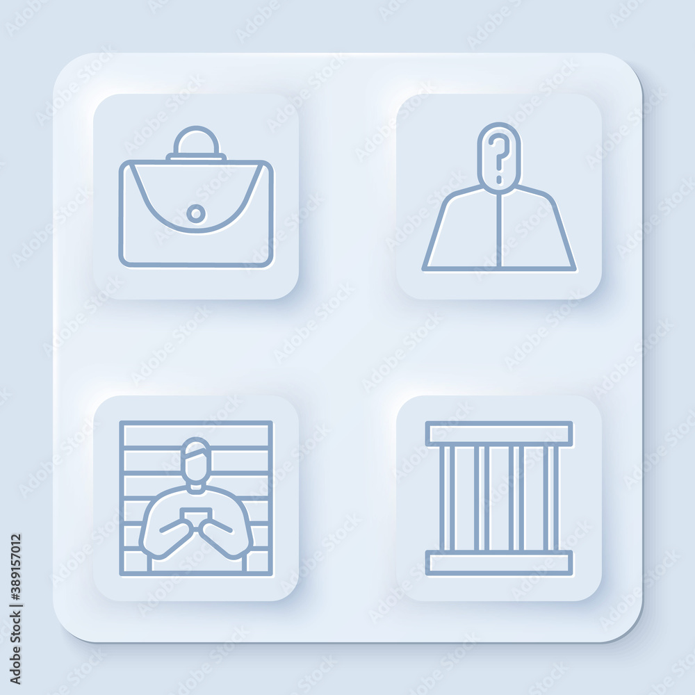 Poster set line briefcase, anonymous with question mark, suspect criminal and prison window. white square b