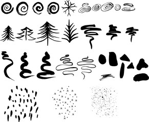 Monochrome winter abstract vector grunge texture. Set of black hand drawn paint brush stroke, stain. Distressed textured ink illustration on white background. Wavy brush stroke vector collection