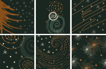 Set of winter abstract background. Template, pre-made modern Christmas design. Winter graphic illustration with tree, shape, snowflake, snowball in green and copper for winter poster, holiday branding