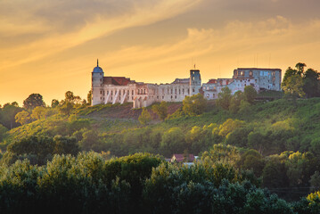 Fototapeta na wymiar Castle on the hill at sunset. Castle in Janowiec in the Lublin region in the rays of the setting sun.