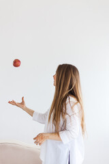 Girl of European appearance, henna drawing on hands, mahendi, girl in light clothes, yoga,...