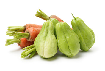 Chayote and carrot on white background 