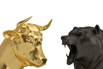 Financial concept，Bear and Bull Isolated On White Background, 3D rendering. 3D illustration.
