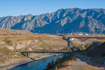 The world's first suspended two-cable Tsaplinsky bridge across the Katun river, Ininsky...