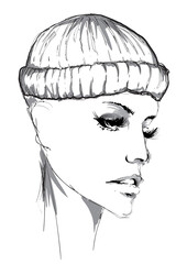 Woman face portrait with hat. Black and white. Illustration. Attractive, painting.
