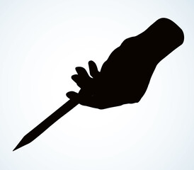 Hand points with a pencil. Vector drawing