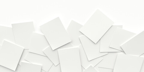 Sheets of white office paper in a mess on a white background.