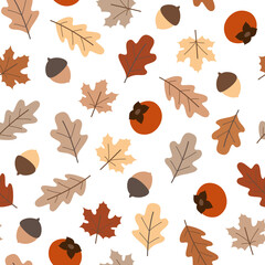 Cute Fall Leaves, Nuts & Persimmons Seamless Pattern
