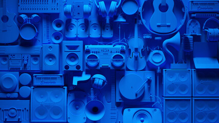 Blue Musical Instrument Wall 3d illustration  - 389160819