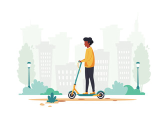 Black man riding electric kick scooter. Eco transport concept. Vector illustration in flat style.