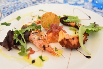 Fresh Seafood Appetizers in the Plate at Lunch