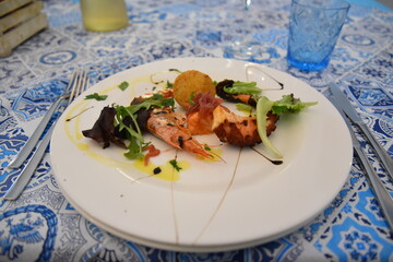 Fresh Seafood Appetizers in the Plate at Lunch