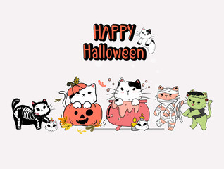 cute group of kitten cat Halloween costume party, doodle cartoon illustration, set of Halloween cat