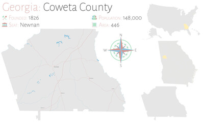Fototapeta premium Large and detailed map of Coweta county in Georgia, USA.