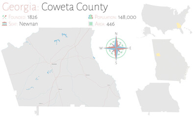 Large and detailed map of Coweta county in Georgia, USA.
