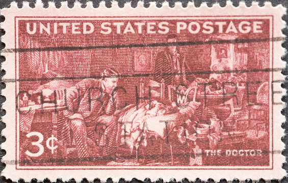 USA - Circa 1947: a postage stamp printed in the US showing the doctors of America, U.S. pictures a reproduction of Sir Luke Fildes ’painting," The Doctor. "