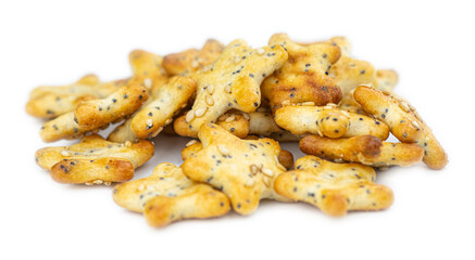 Portion of mixed Snacks isolated on white (close up shot; selective focus)
