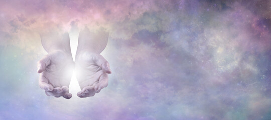 Heavenly Healing Hands  - a pair of gently cupped hands emerging from heavenly clouds with space...