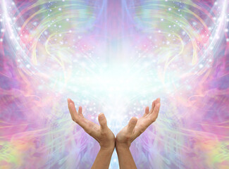 Sending you Distant Healing Assisted by Angels  - female cupped hands reaching up into an Angelic...