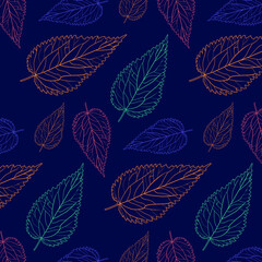 Seamless blue background with Botanical colored nettle leaf outlines