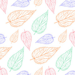Seamless white background with Botanical colored nettle leaf outlines