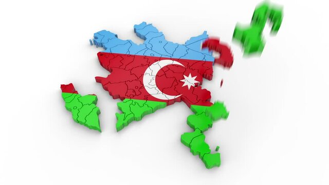 Map of Azerbaijan with flag. Formed by individual states, falling from top to bottom on white background. Alpha Animation