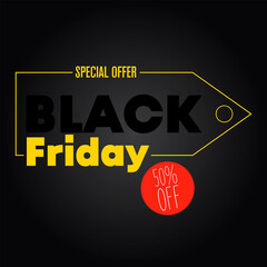 Yellow invitation Black Friday. 50% off. Black background banner.