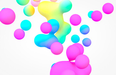 Abstract 3d art background. Holographic floating liquid blobs, soap bubbles, metaballs.