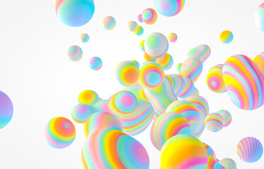 Abstract 3d art background. Holographic floating liquid blobs, soap bubbles, metaballs.