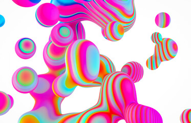 Fototapeta premium Abstract 3d art background. Holographic floating liquid blobs, soap bubbles, metaballs.