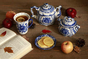 still life with tea and fruits