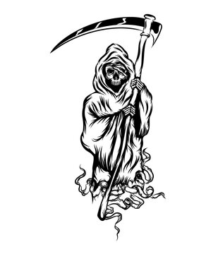 The grim reaper standing and holding the scythe