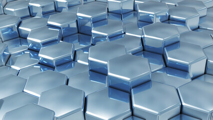 Abstract 3D geometric background, silver chrome hexagons metallic shapes stacks, render technology illustration.