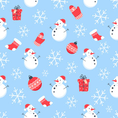 Christmas seamless pattern with snowman and snowflakes on blue background, vector illustration in flat style