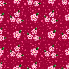 Vector seamless pattern with pink flowers on a burgundy
 background. Use in fabric, wrapping paper, wallpaper, bags, clothes, dishes, cases on smartphones and tablets.