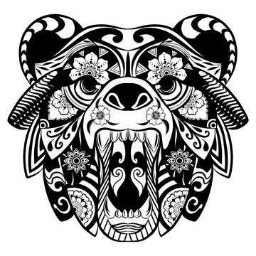 Bear with the flowers ornament for the tattoo illustration