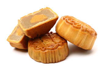 Mid-Autumn Festival moon cake on white background（Non-English texts translation :sweet red bean paste）