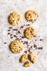 Some chocolate chip cookies isolated on delicate brown  background. Top view.