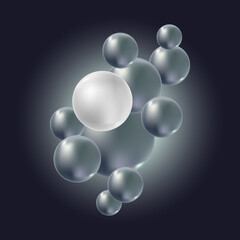 Group of 3D balls, spheres, molecules, ideal geometric shapes on dark background. Black and white glossy bubbles, backlight, reflection. Abstract vector pattern, modern, futuristic, science design.