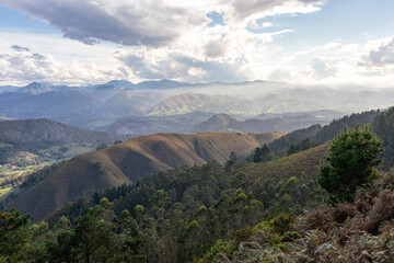 Landscape with rocky mountain ranges, fog and alpine vegetation. Mirador del Fitu, Picos de Europa, Asturias, North of Spain