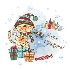 Christmas card with a cute cat in a knitted hat sitting on gift boxes. Watercolors and graphics. Doodle style.