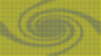 Minimal blue and yellow halftone background. Circles, dots of various diameters in the form of a swirling whirlpool.
