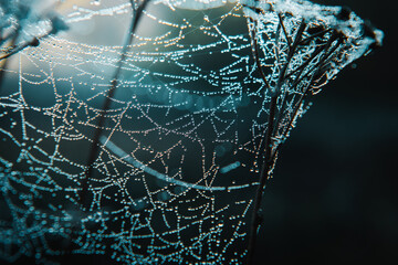Fresh cold morning with macro close up view of spider web on the plants with water drops illuminated by the early morning sunlight. Cold morning in the mountain forest. Harz National Park in Germany