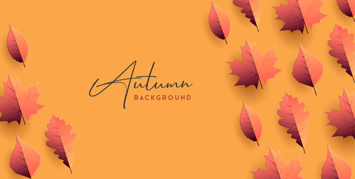 Autumn seasonal background with autumn fall leaves, paper origami leaf illustrations forming texture on orange background