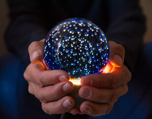 Hands Holding A Crystal Ball With Blue Sparkles.
Christmas