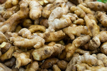 Ginger root counter at grocery store close up