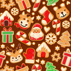 Gingerbread Pattern. Snowy background. gingerbread set. Perfect for Christmas banners, greeting cards, and presentations. Vector illustration.
