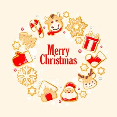 Christmas gingerbread cookies in a round shape, for use as a poster or background. Decorated with snow, snowflakes and beads. Vector illustration
