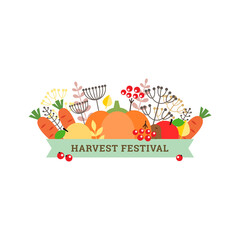 Harvest Festival. Autumn vignette of vegetables and leaves with green ribbon isolated on a white background. Can be used for Thanksgiving Day invitation, greeting card or banner. Vector 8 EPS